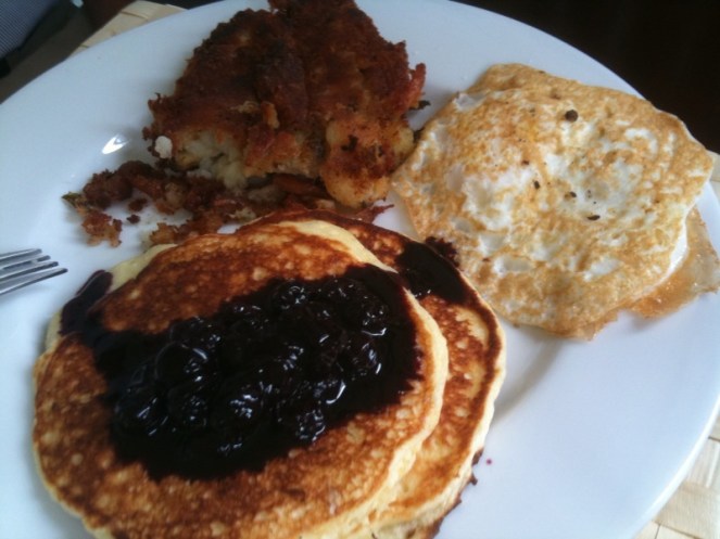 Ricotta Pancakes with Blueberry Compote, Chicken Rosemary Hash, and Egg Over Easy